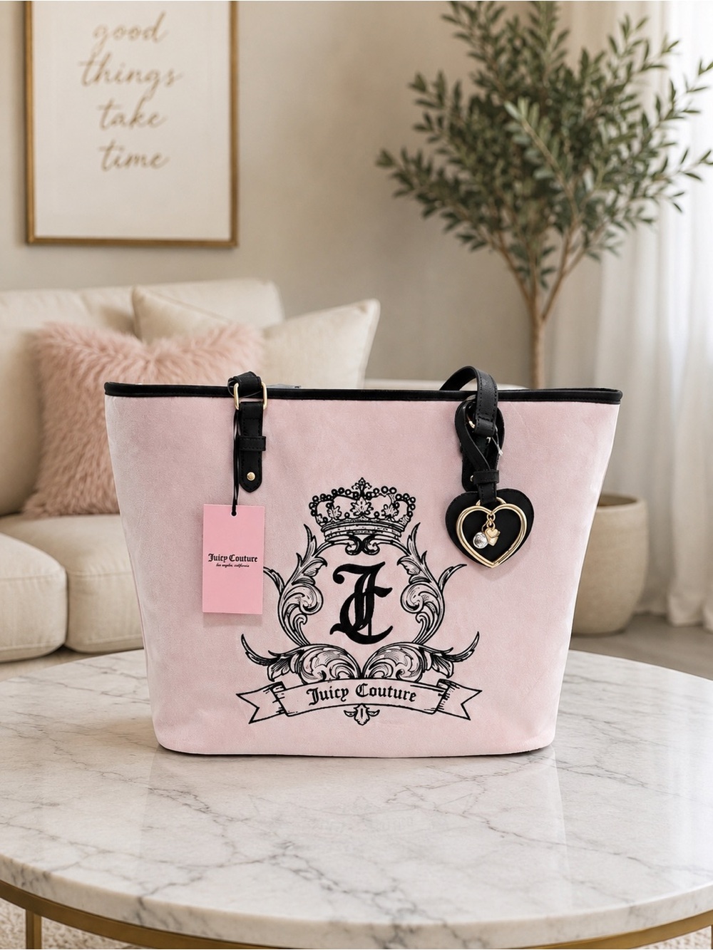 Juicy Couture Pink Logo Tote Bag with Heart Charm